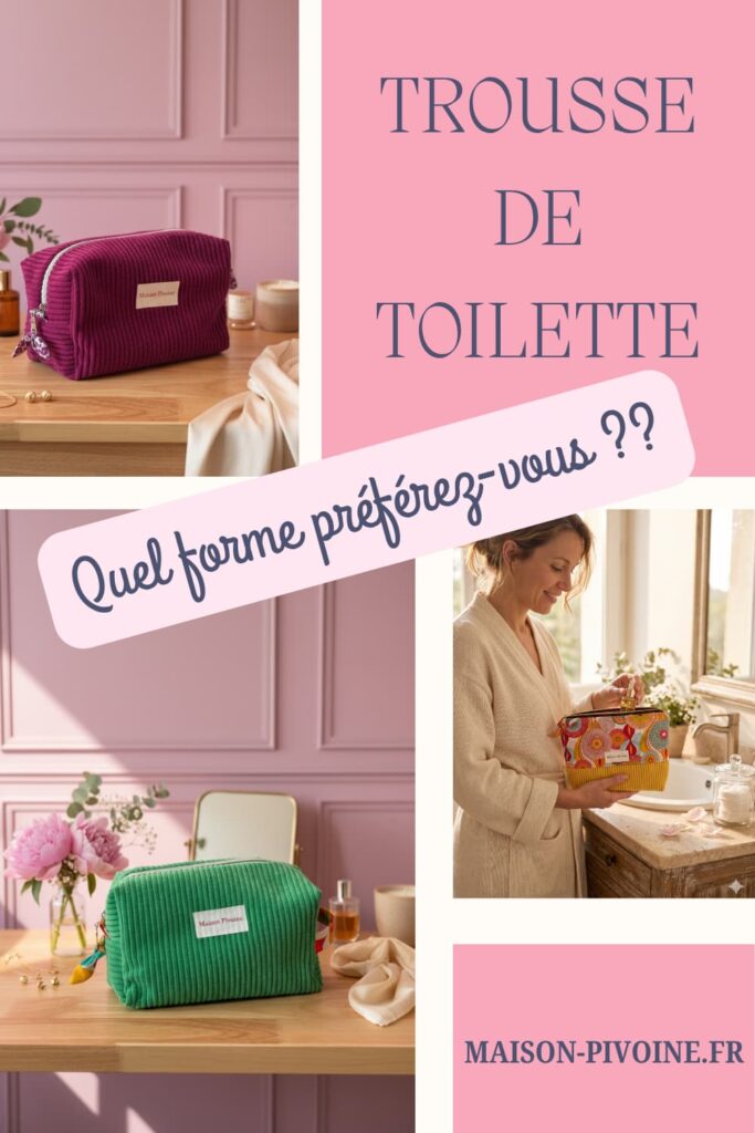 Collage de trois trousses de toilette Maison Pivoine sur fond rose : une trousse rectangulaire en velours côtelé fuchsia, une trousse rectangulaire en velours côtelé vert sur une coiffeuse fleurie, et une femme en peignoir tenant une trousse pochette jaune à fleurs devant un lavabo, avec le texte « Trousse de toilette - Quel forme préférez-vous ? ».